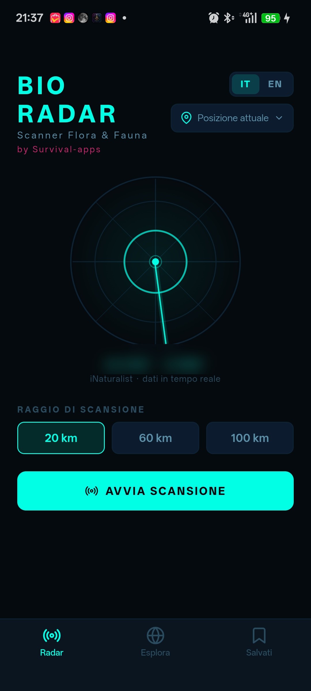 BioRadar scan results list with species filters