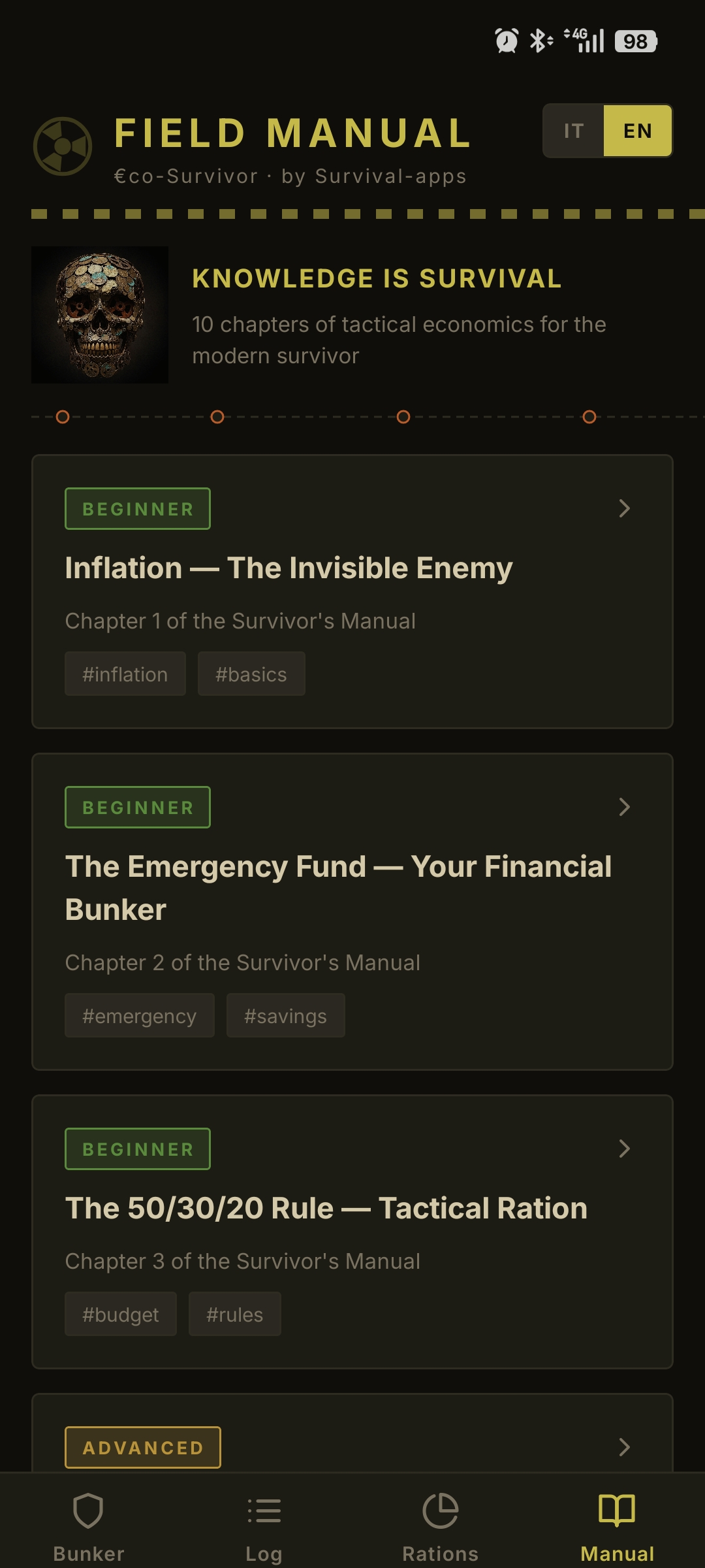 EcoSurvivor ledger and field manual screen