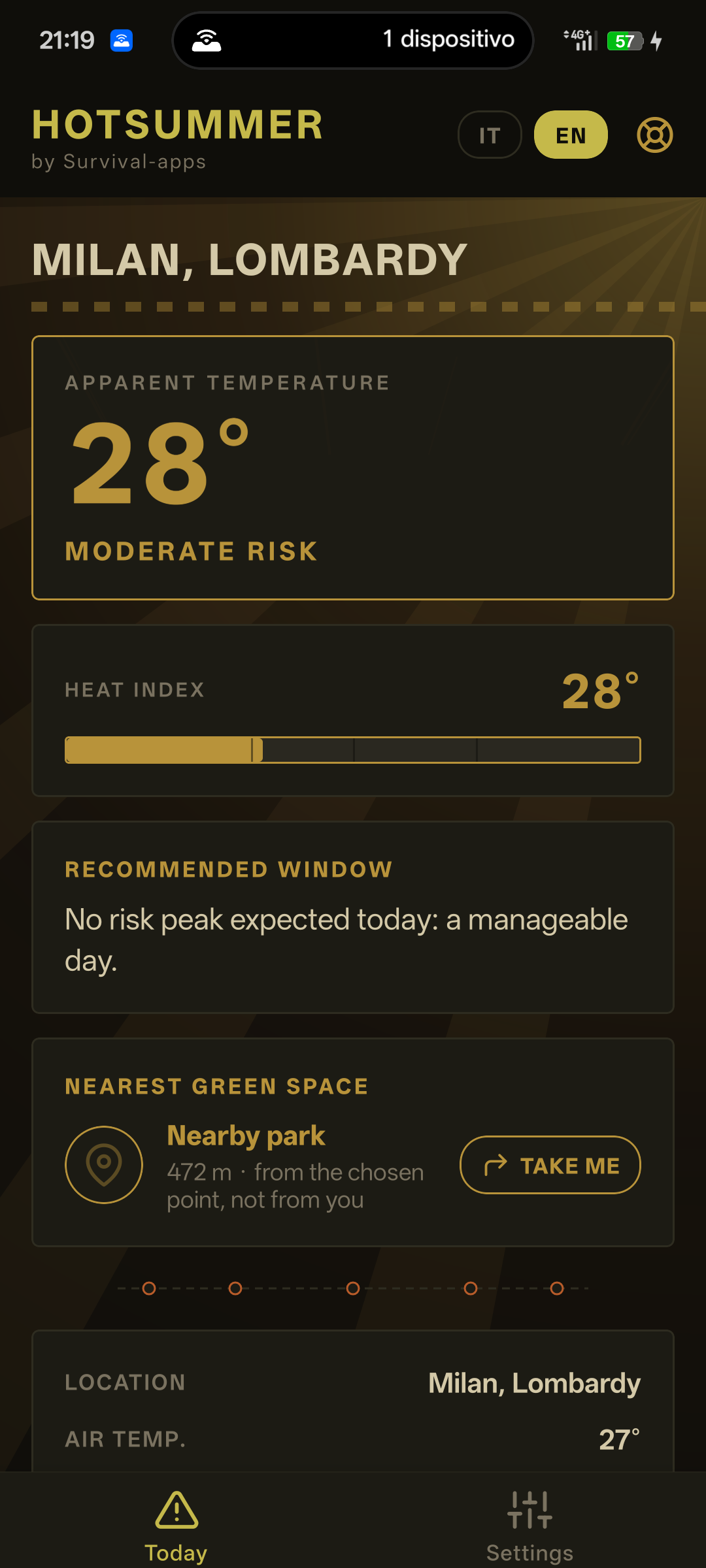 HotSummer home screen showing risk level and nearest green space