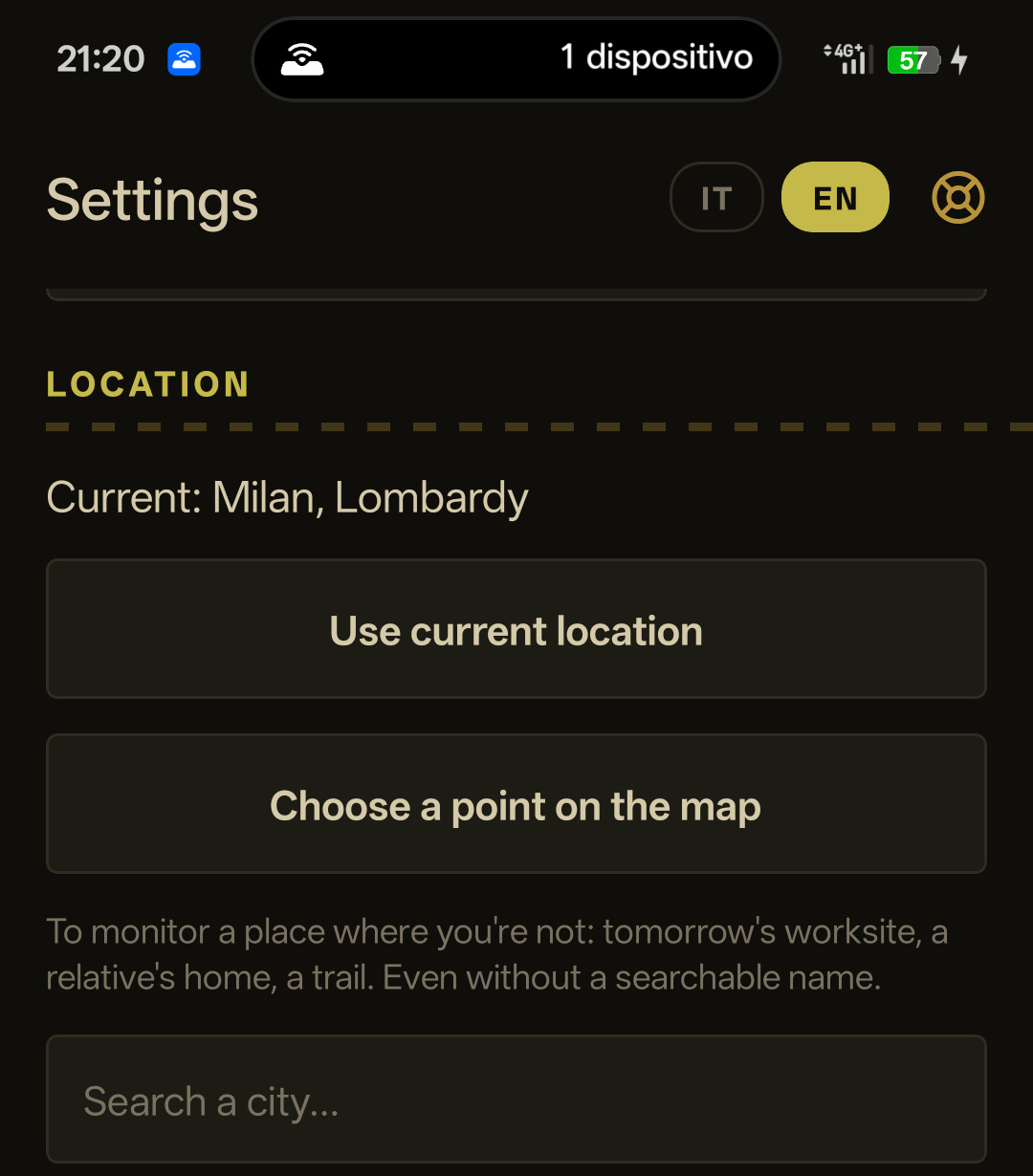 HotSummer settings screen with location options